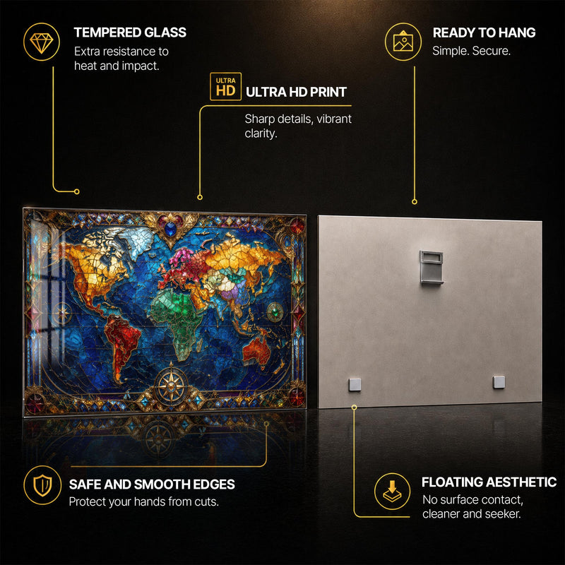 Jeweled World Map — tempered glass, ultra HD print, ready to hang