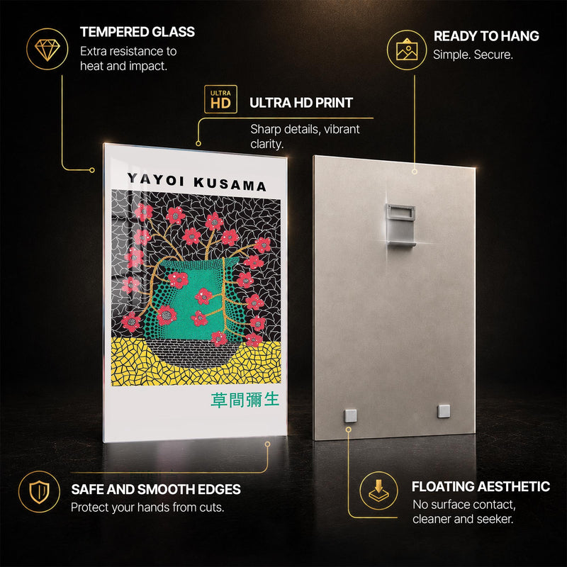 Kusama Floral Vase — tempered glass, ultra HD print, ready to hang
