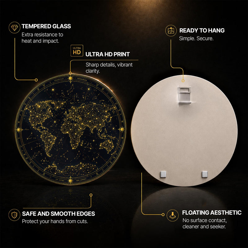 Celestial World Map — tempered glass, ultra HD print, ready to hang