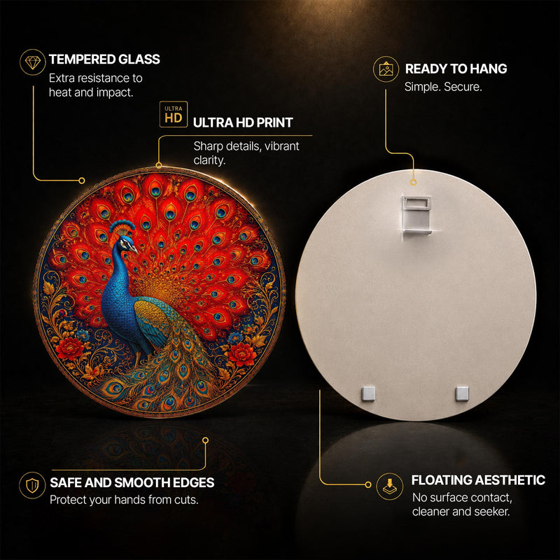 Crimson Peacock Fan — tempered glass, ultra HD print, ready to hang