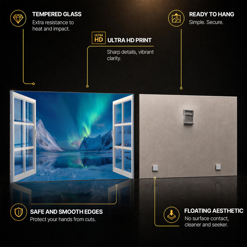 Aurora Mountain Window — tempered glass, ultra HD print, ready to hang