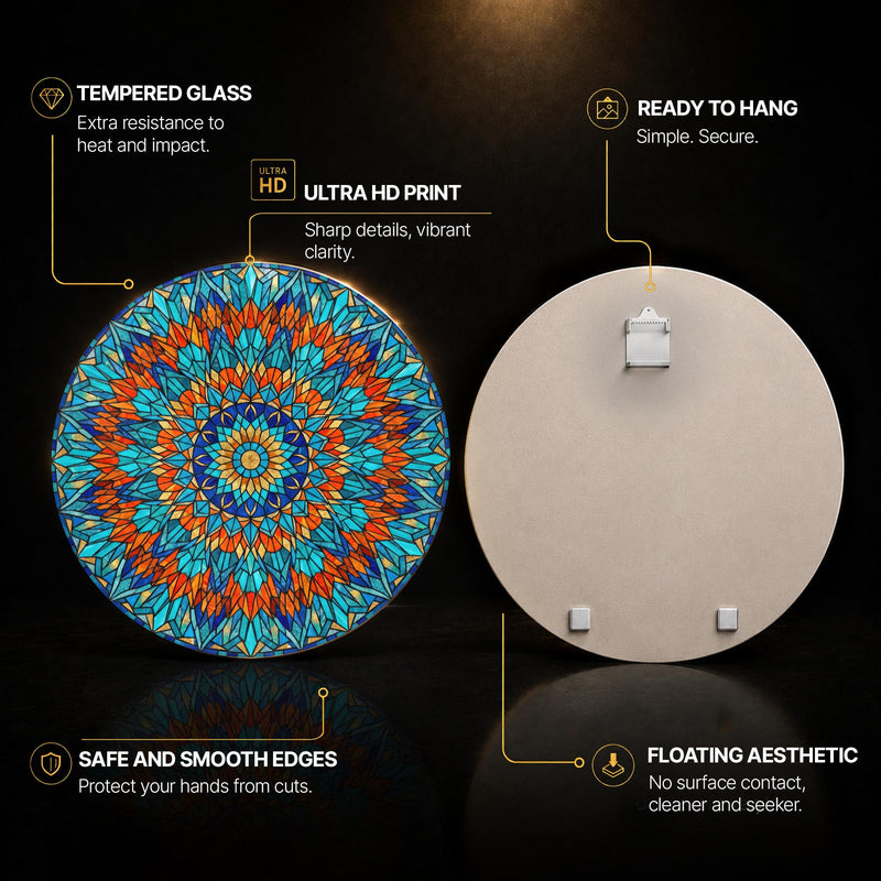 Crystal Flower Burst Mandala — tempered glass, ultra HD print, ready to hang