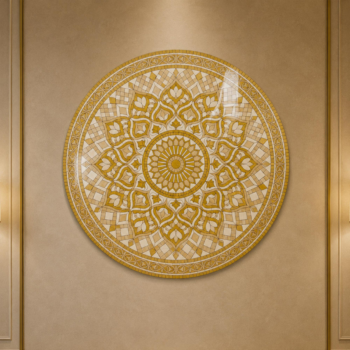 Golden Lotus Mosaic — tempered glass, ultra HD print, ready to hang