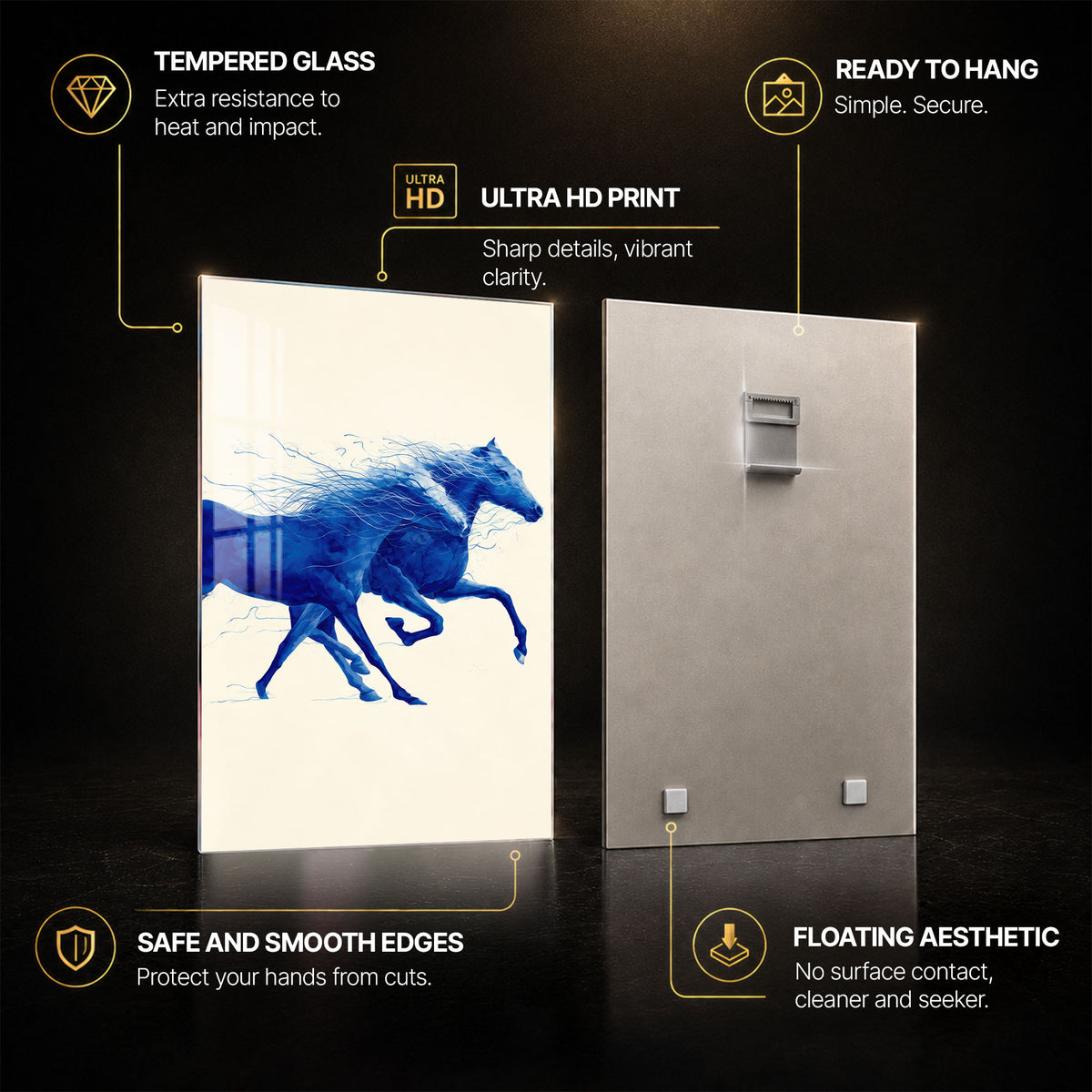 Blue Horses in Motion — tempered glass, ultra HD print, ready to hang