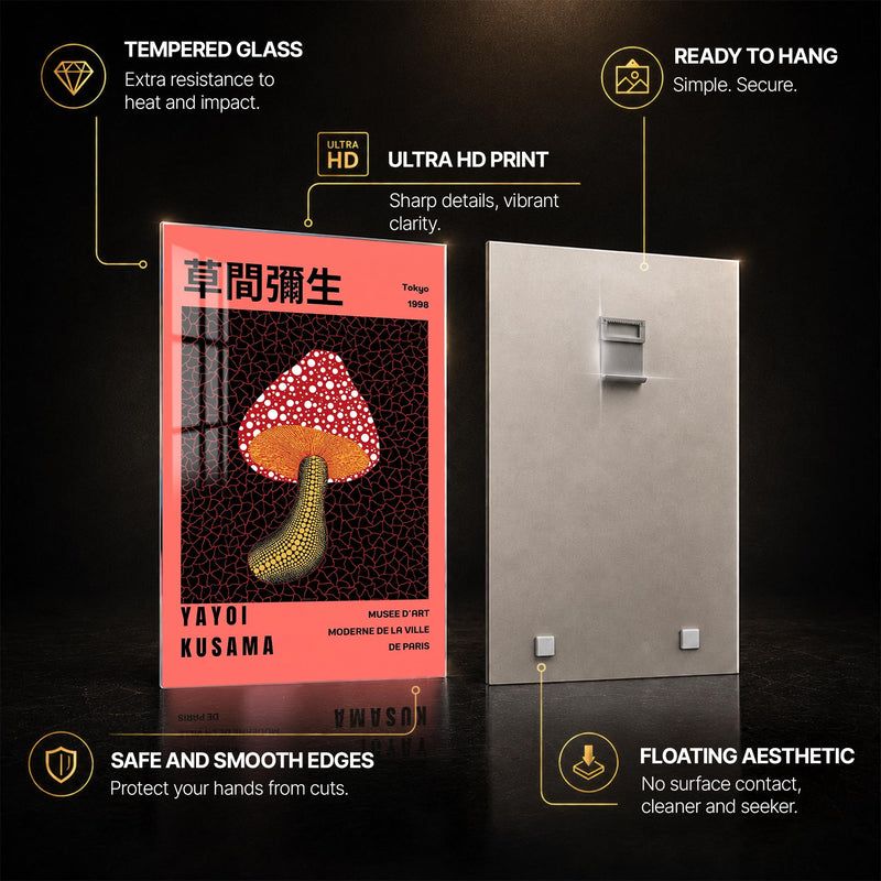 Polka Dot Mushroom — tempered glass, ultra HD print, ready to hang
