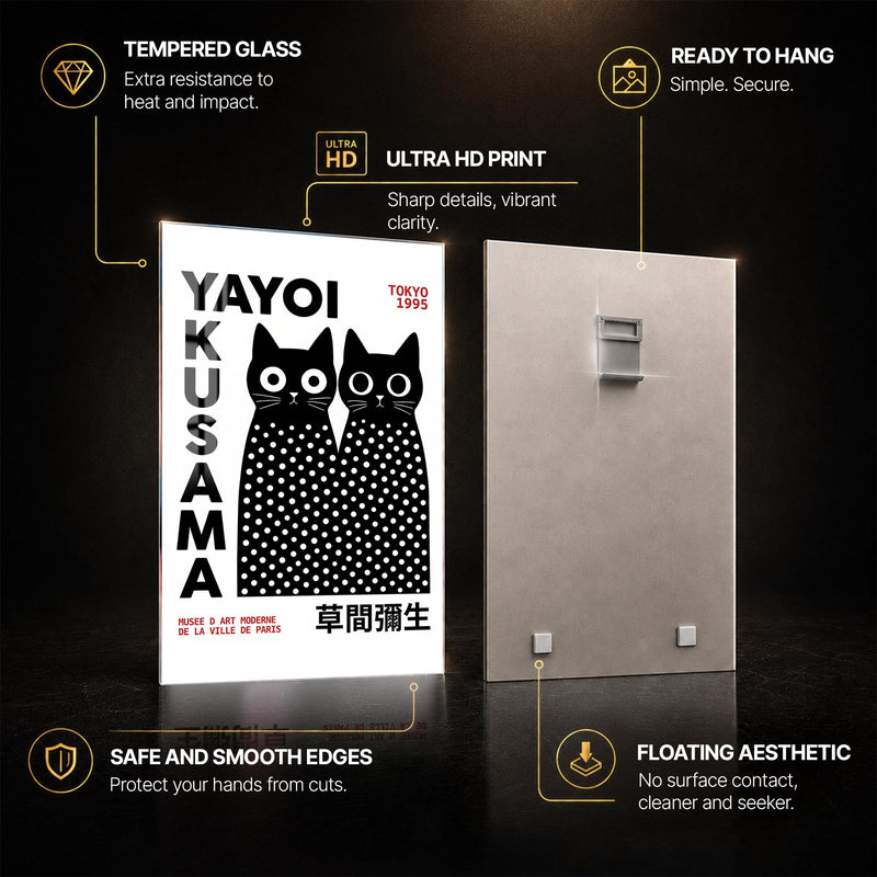Yayoi Cat Duo — tempered glass, ultra HD print, ready to hang