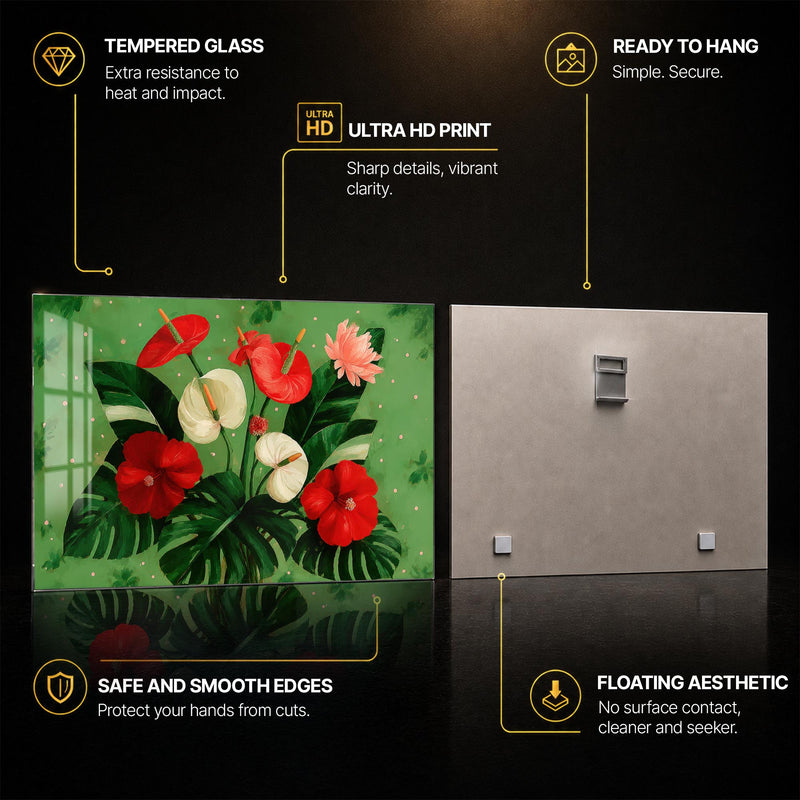 Tropical Bloom Garden — tempered glass, ultra HD print, ready to hang