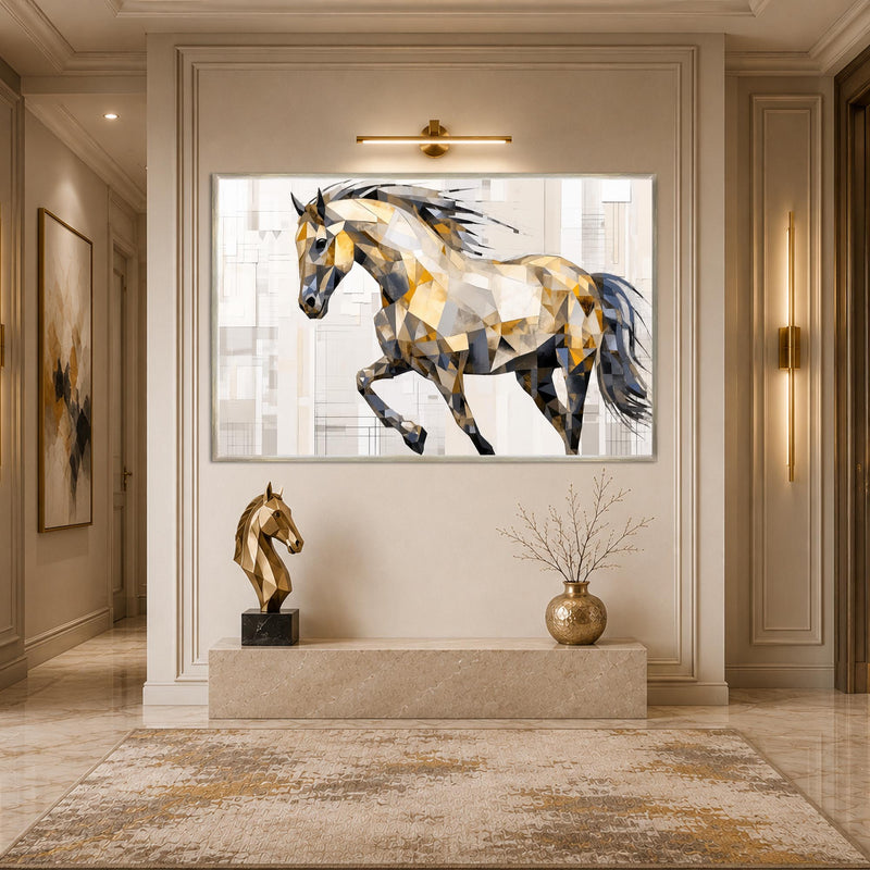 Artronauts Glass Print 18x12 cm | 7.1"x4.7" / Silver Low-Poly Gold Stallion Glass Wall Art