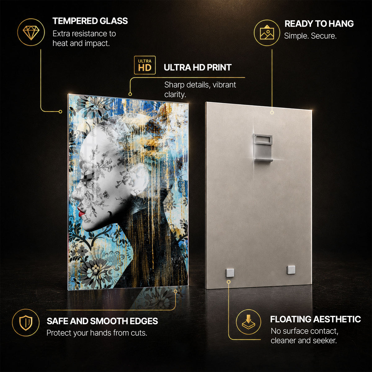 Floral Profile — tempered glass, ultra HD print, ready to hang