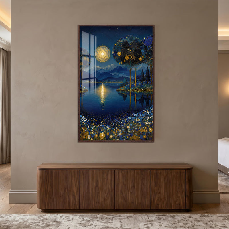 Golden Moonlit Grove with walnut frame