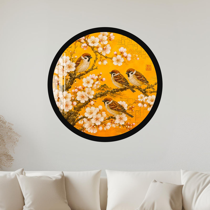 Golden Blossom Sparrows with black frame