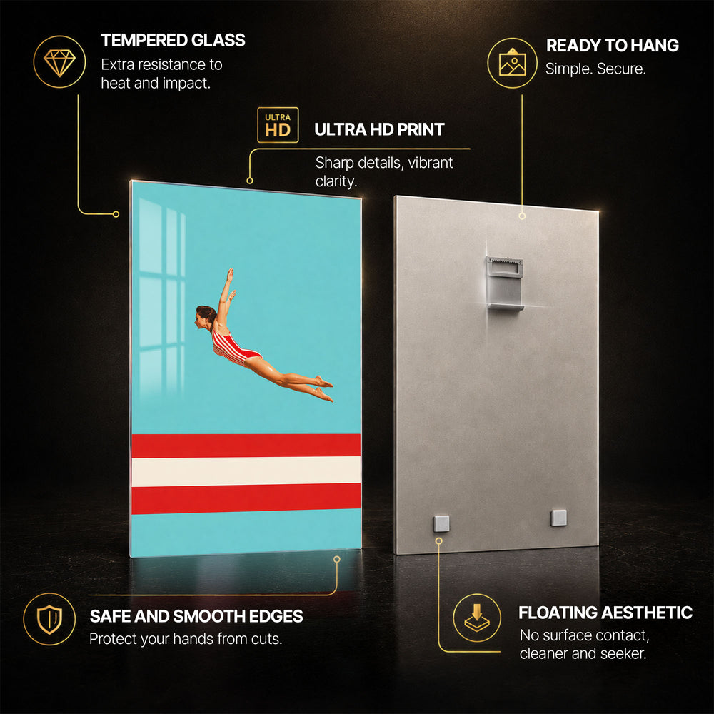 Retro High Dive — tempered glass, ultra HD print, ready to hang