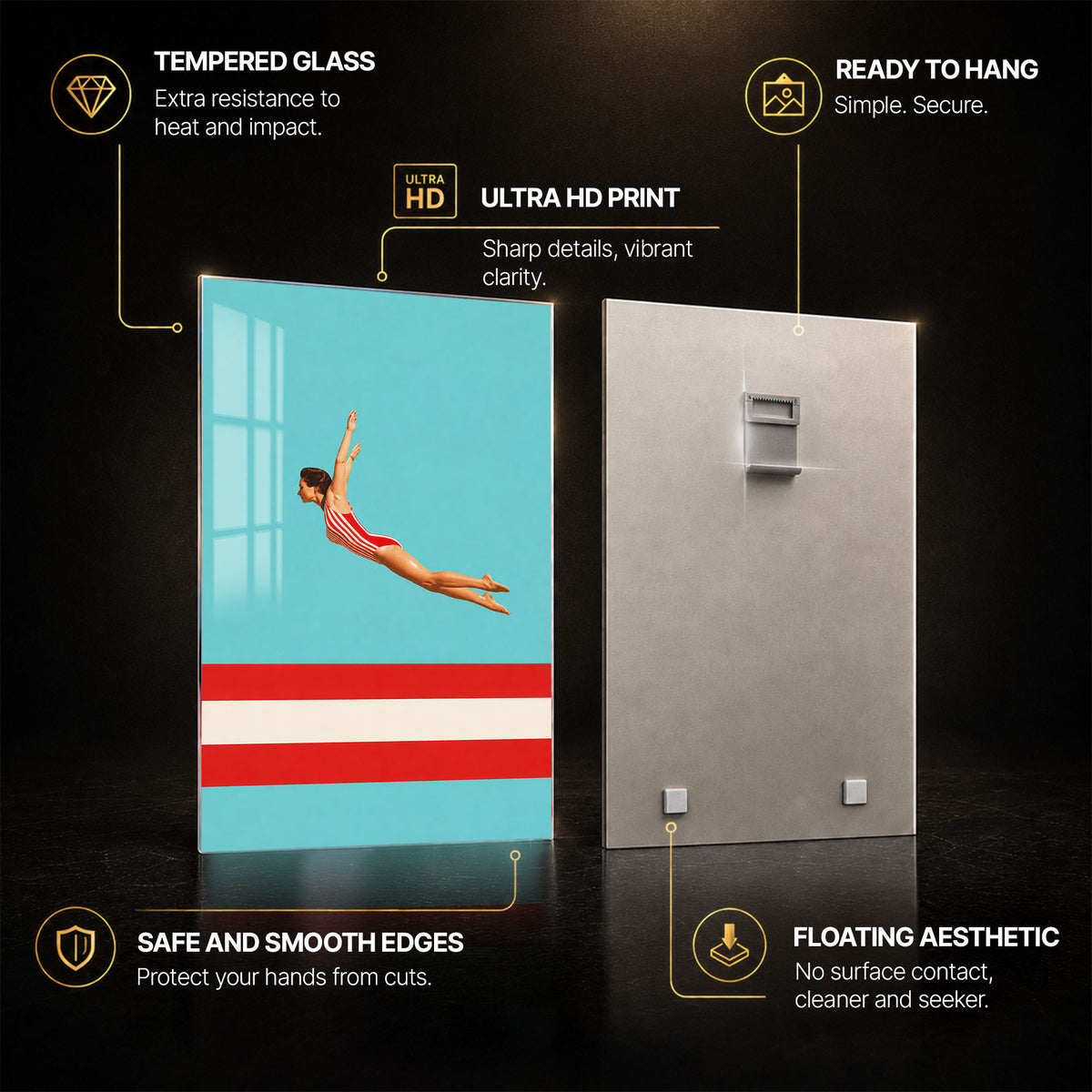 Retro High Dive — tempered glass, ultra HD print, ready to hang