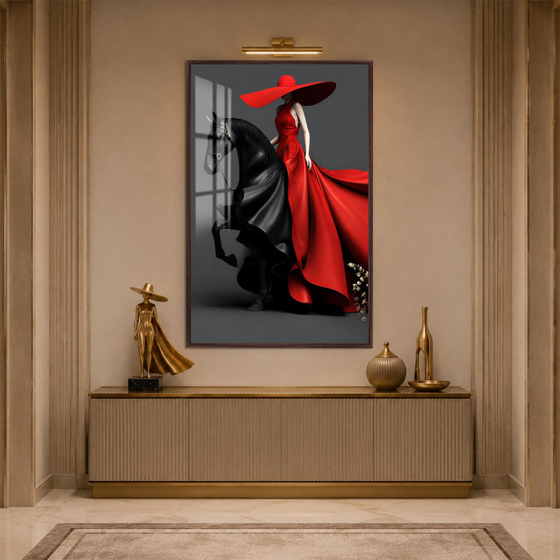 Red Gown Horsewoman with walnut frame