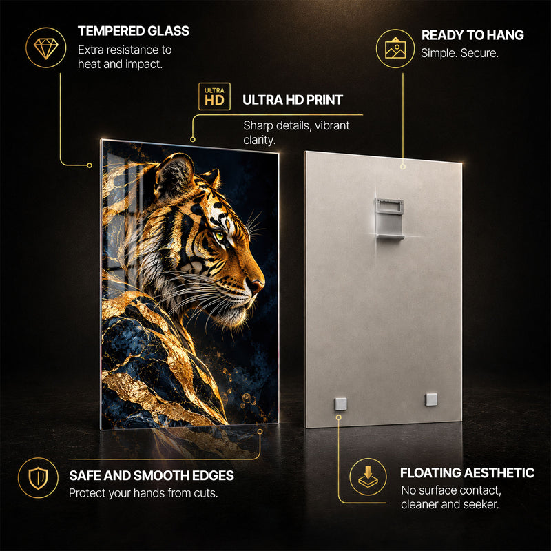 Golden Tiger — tempered glass, ultra HD print, ready to hang