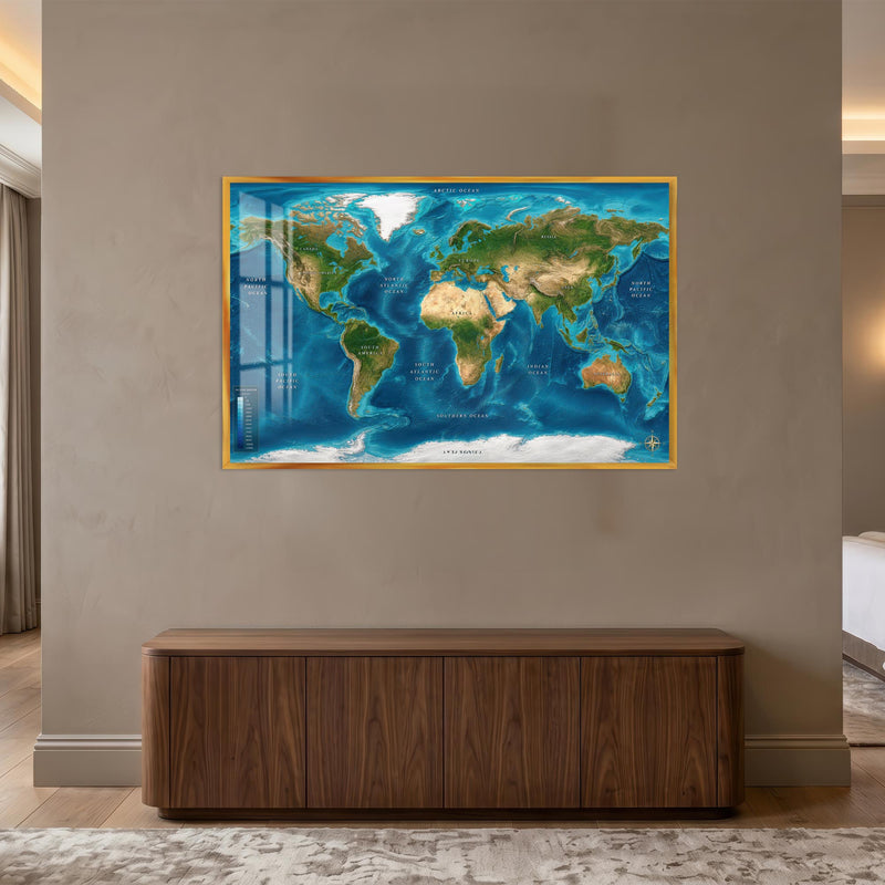 Ocean Relief World Map with gold frame