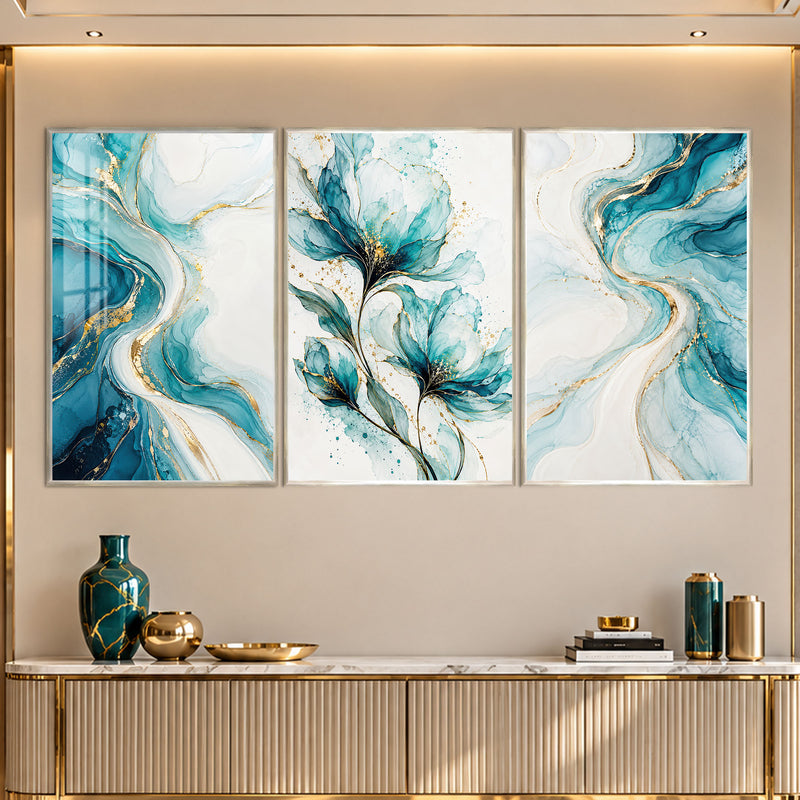 Aqua Floral with silver frame