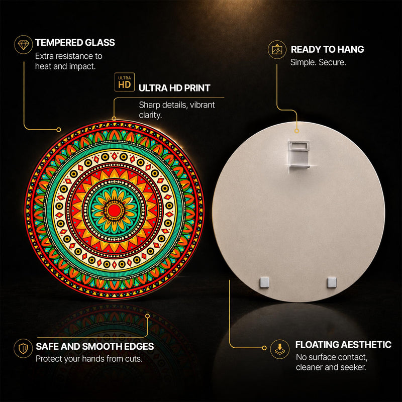 Vibrant Tribal Mandala — tempered glass, ultra HD print, ready to hang
