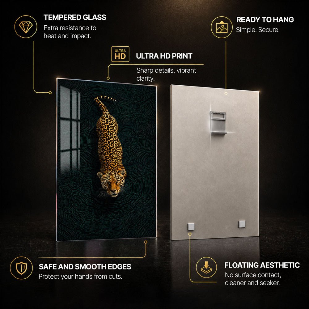 Midnight Jaguar — tempered glass, ultra HD print, ready to hang