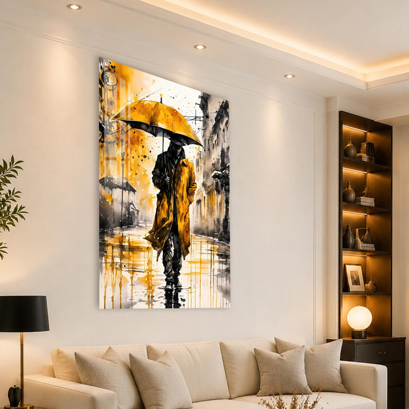 Artronauts Glass Print Yellow Umbrella Walker Glass Wall Art