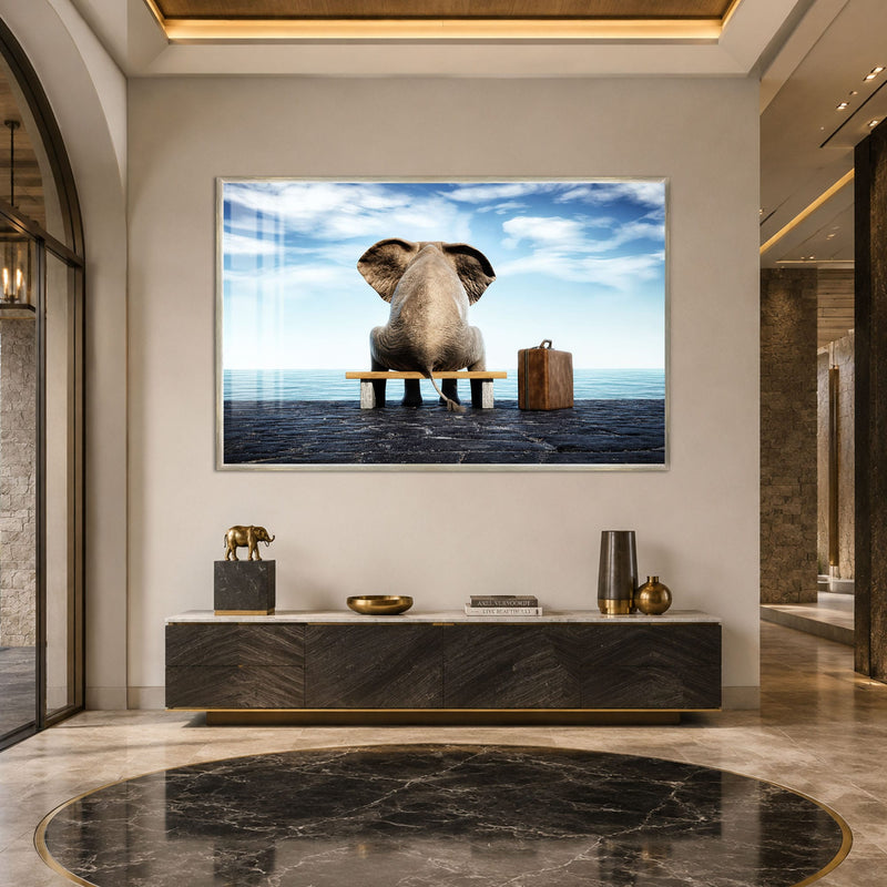 Elephant Waiting Seaside with silver frame