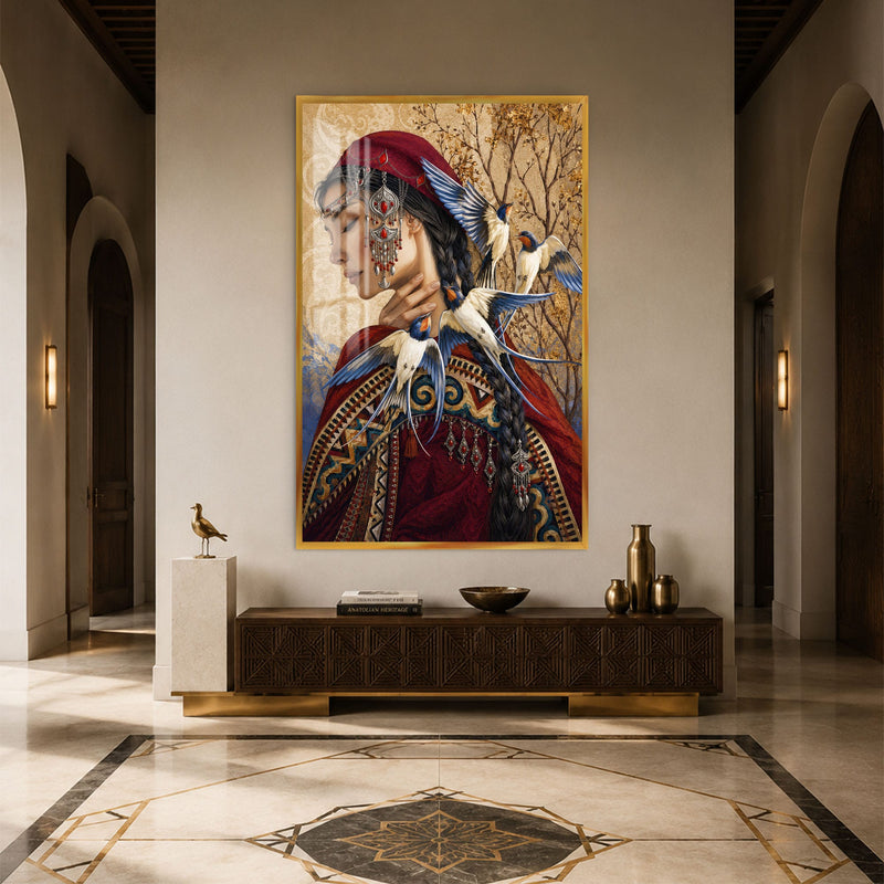 Artronauts Glass Print 12x18 cm | 4.7"x7.1" / Gold Swallows and the Nomad Glass Wall Art