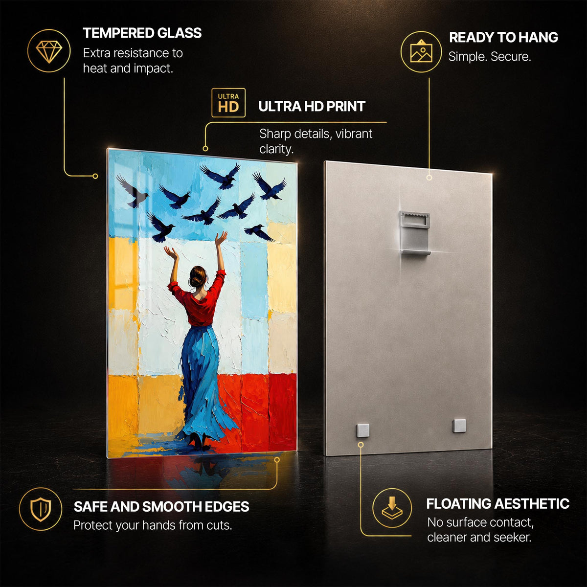 Woman Releasing Birds — tempered glass, ultra HD print, ready to hang