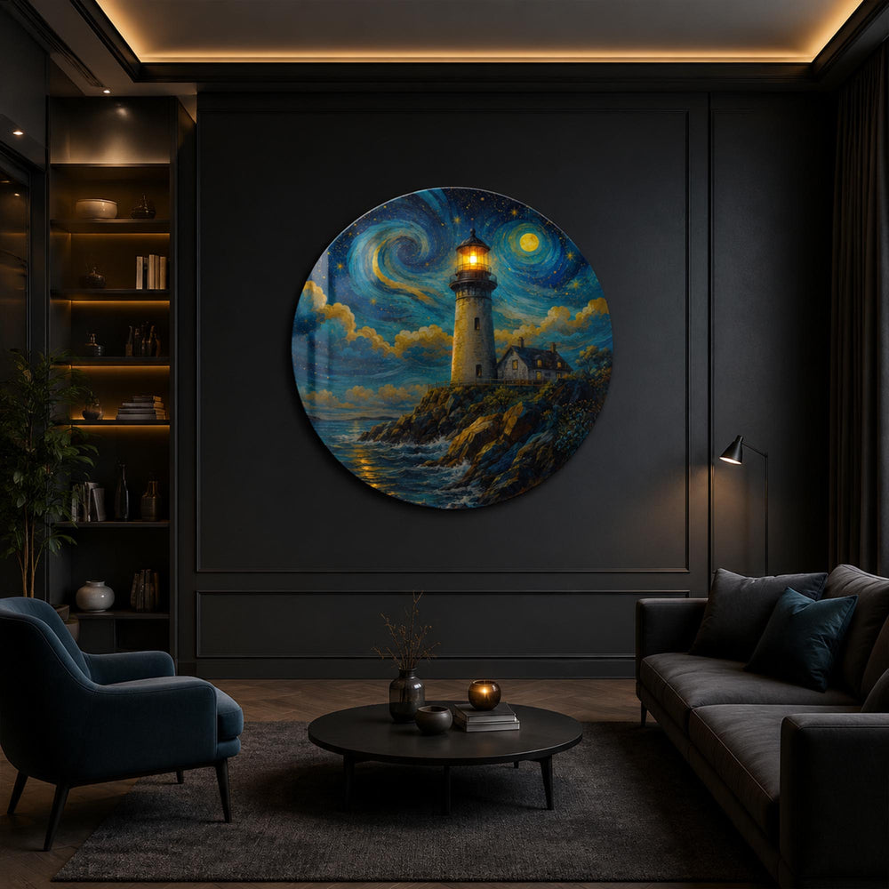 Starry Night Lighthouse — tempered glass, ultra HD print, ready to hang