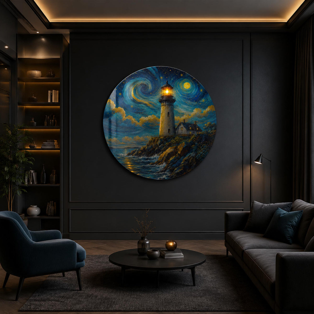Starry Night Lighthouse — tempered glass, ultra HD print, ready to hang