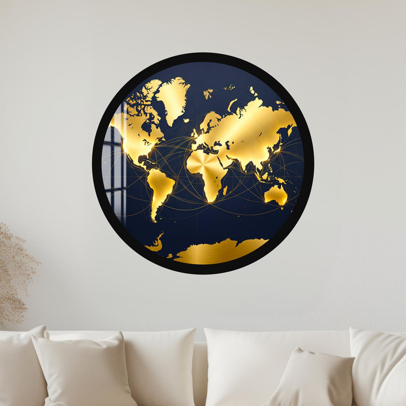 Gold World Map On Navy with black frame