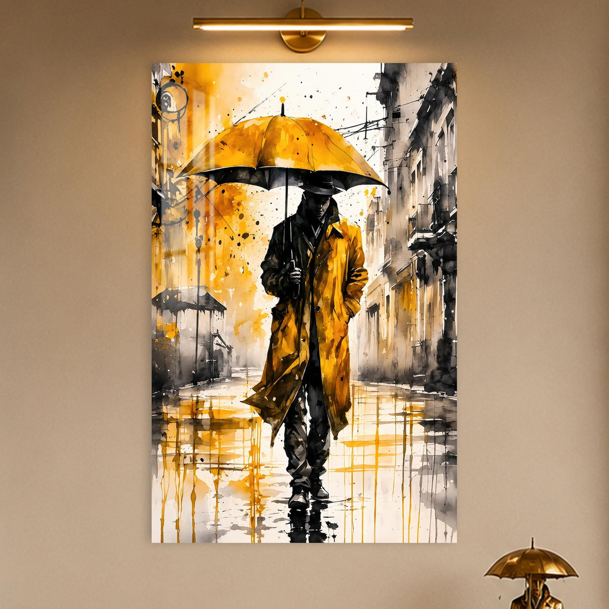 Artronauts Glass Print Yellow Umbrella Walker Glass Wall Art