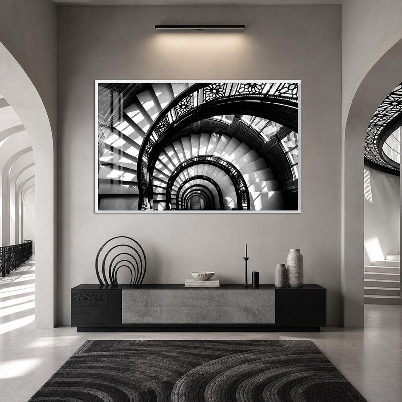 Artronauts Glass Print 18x12 cm | 7.1"x4.7" / White Spiral Staircase Depths Glass Wall Art