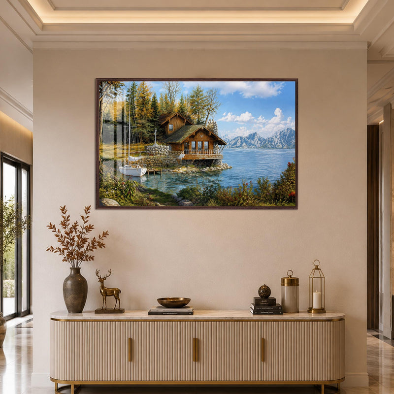 Lakeside Cabin Retreat with walnut frame