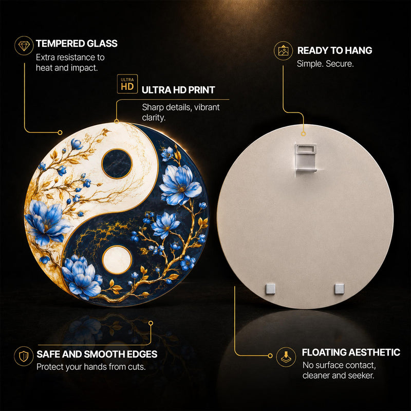 Floral Yin Yang — tempered glass, ultra HD print, ready to hang