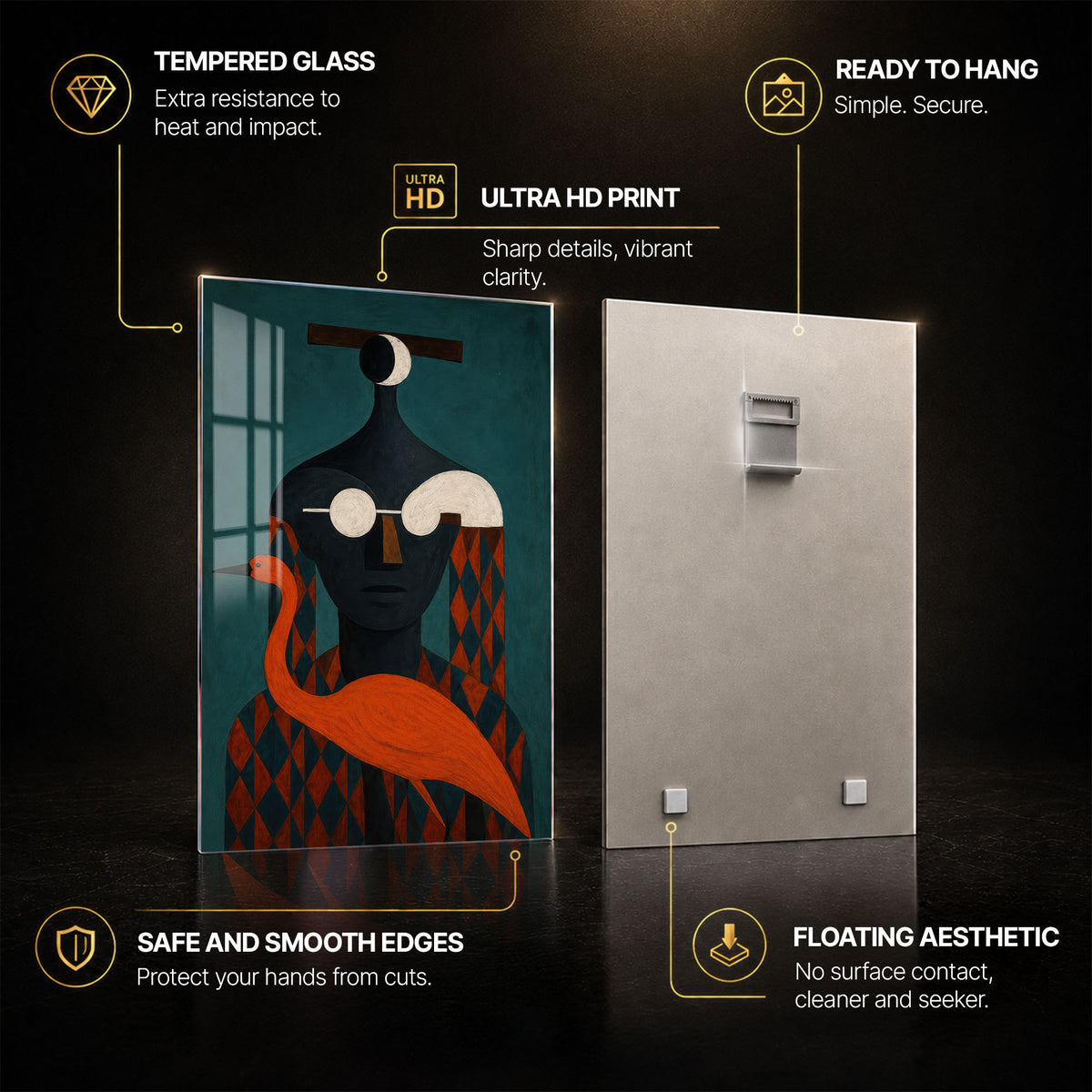 Flamingo Guardian — tempered glass, ultra HD print, ready to hang