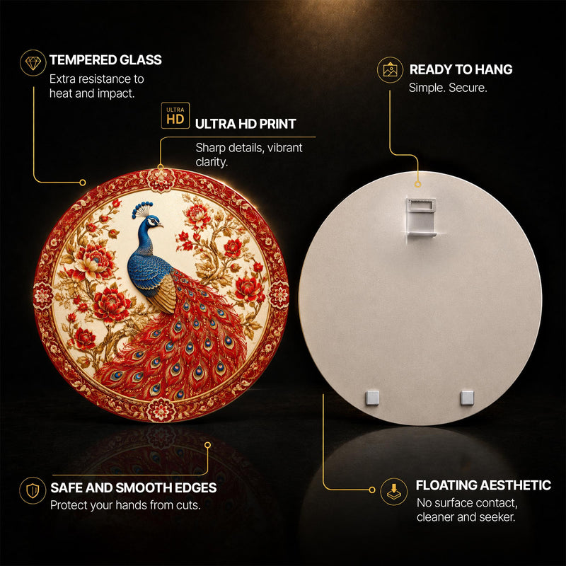 Crimson Blossom Peacock — tempered glass, ultra HD print, ready to hang