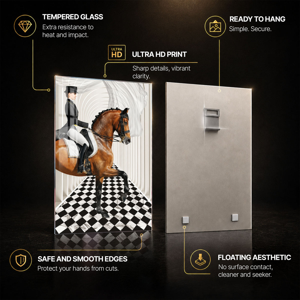 Modern Dressage — tempered glass, ultra HD print, ready to hang