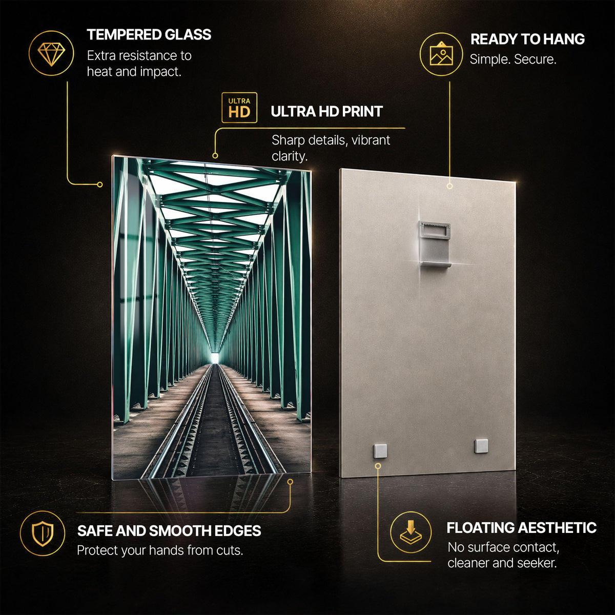 Emerald Railway Bridge — tempered glass, ultra HD print, ready to hang