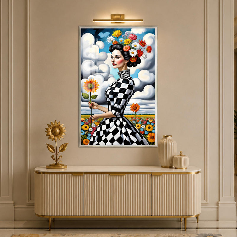 Checkered Floral Muse with silver frame