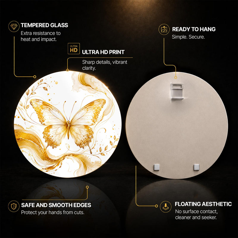 Golden Butterfly Elegance — tempered glass, ultra HD print, ready to hang