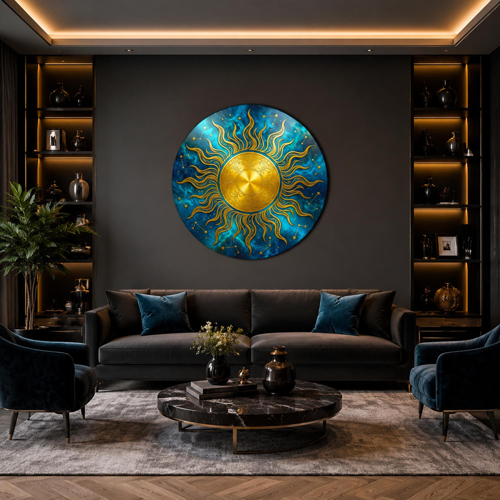 Celestial Golden Sun — tempered glass, ultra HD print, ready to hang