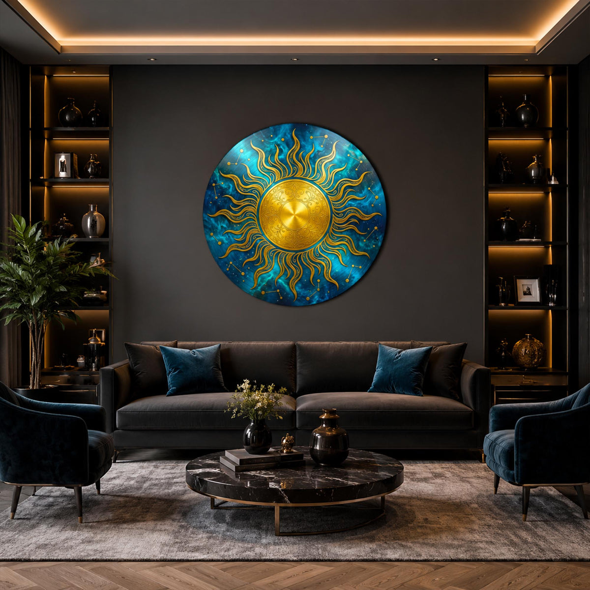 Celestial Golden Sun — tempered glass, ultra HD print, ready to hang