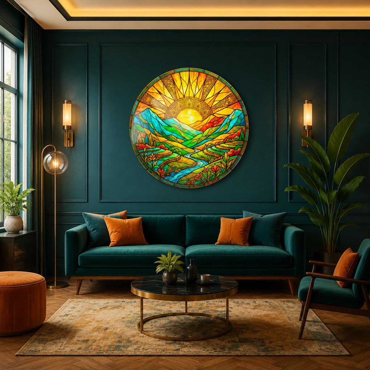 Radiant Valley Sunrise — tempered glass, ultra HD print, ready to hang