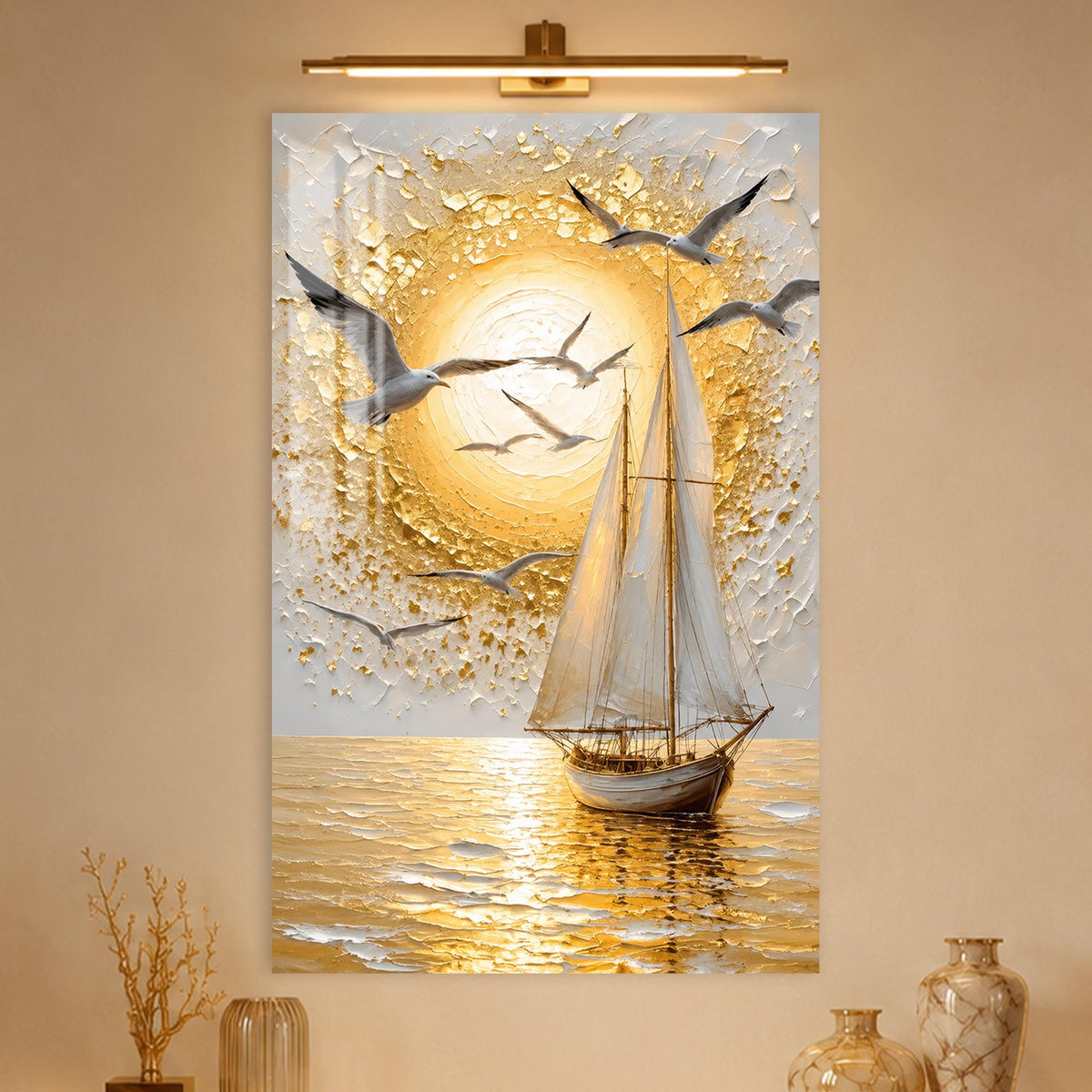 Golden Sailboat Seascape in a modern room