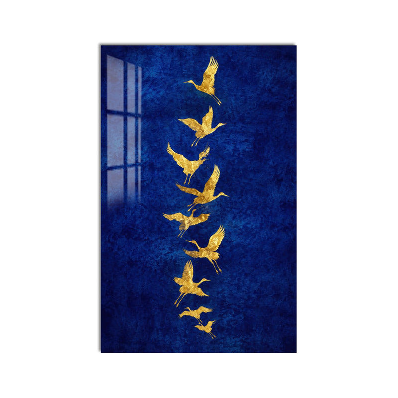Artronauts Glass Print Golden Cranes In Flight Glass Wall Art