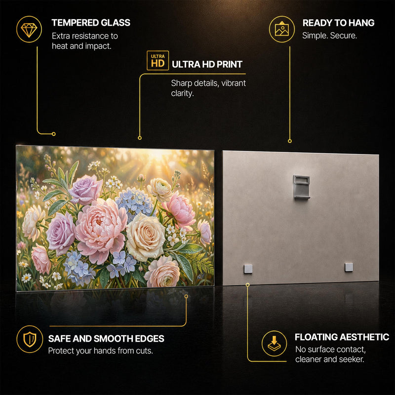 Sunlit Garden Bouquet — tempered glass, ultra HD print, ready to hang