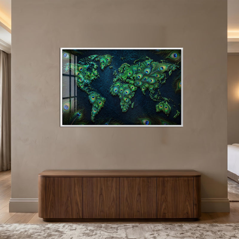 Peacock World Map with white frame