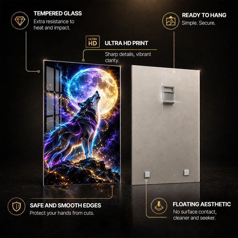 Neon Wolf — tempered glass, ultra HD print, ready to hang