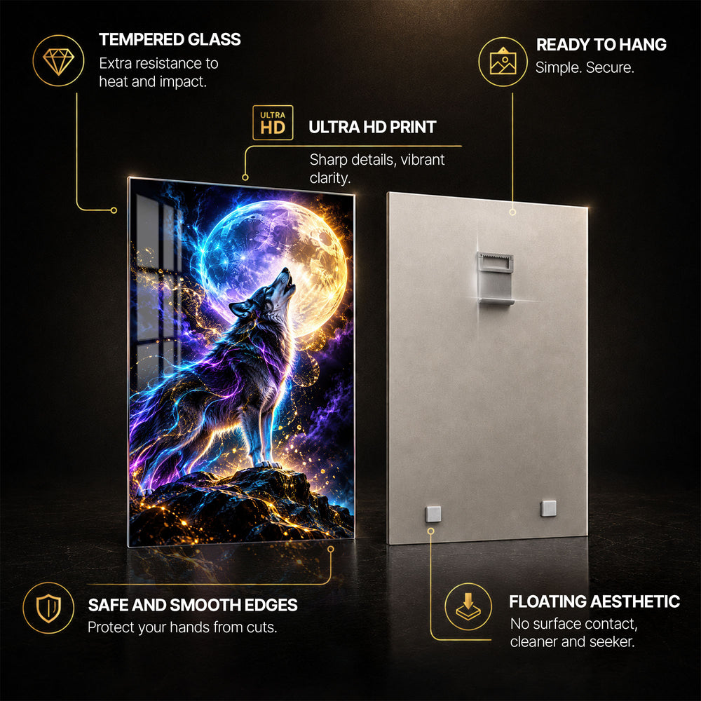 Neon Wolf — tempered glass, ultra HD print, ready to hang