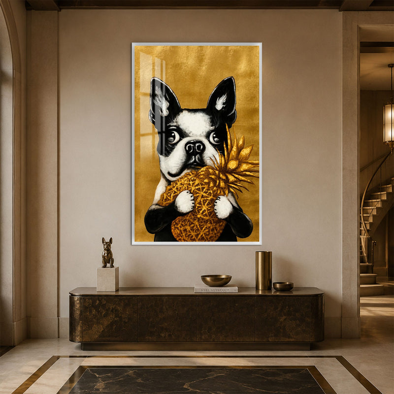Artronauts Glass Print 12x18 cm | 4.7"x7.1" / White Golden Pineapple Pup Glass Wall Art